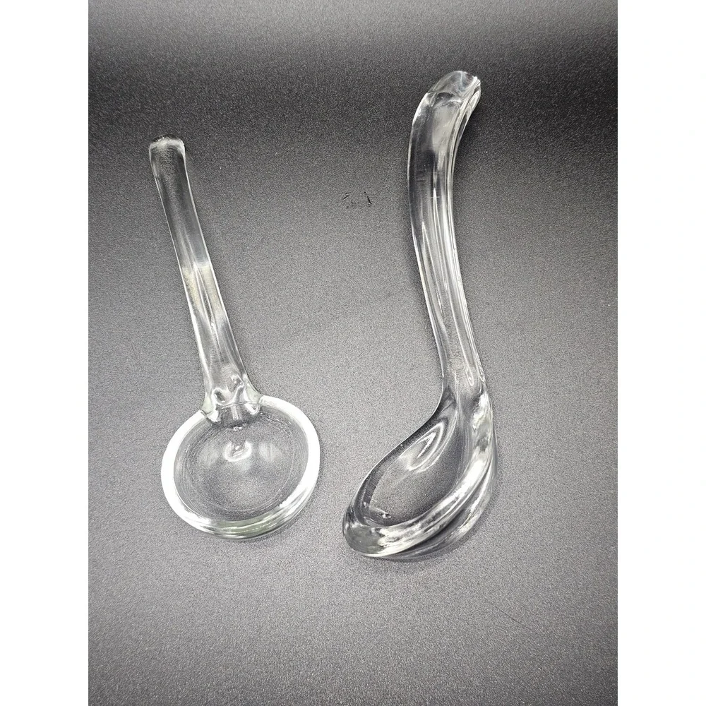 2 PC VINTAGE CLEAR GLASS CONDIMENT MAYONAISE LADLES SERVING SPOONS 4.75 &5.5 Inc
